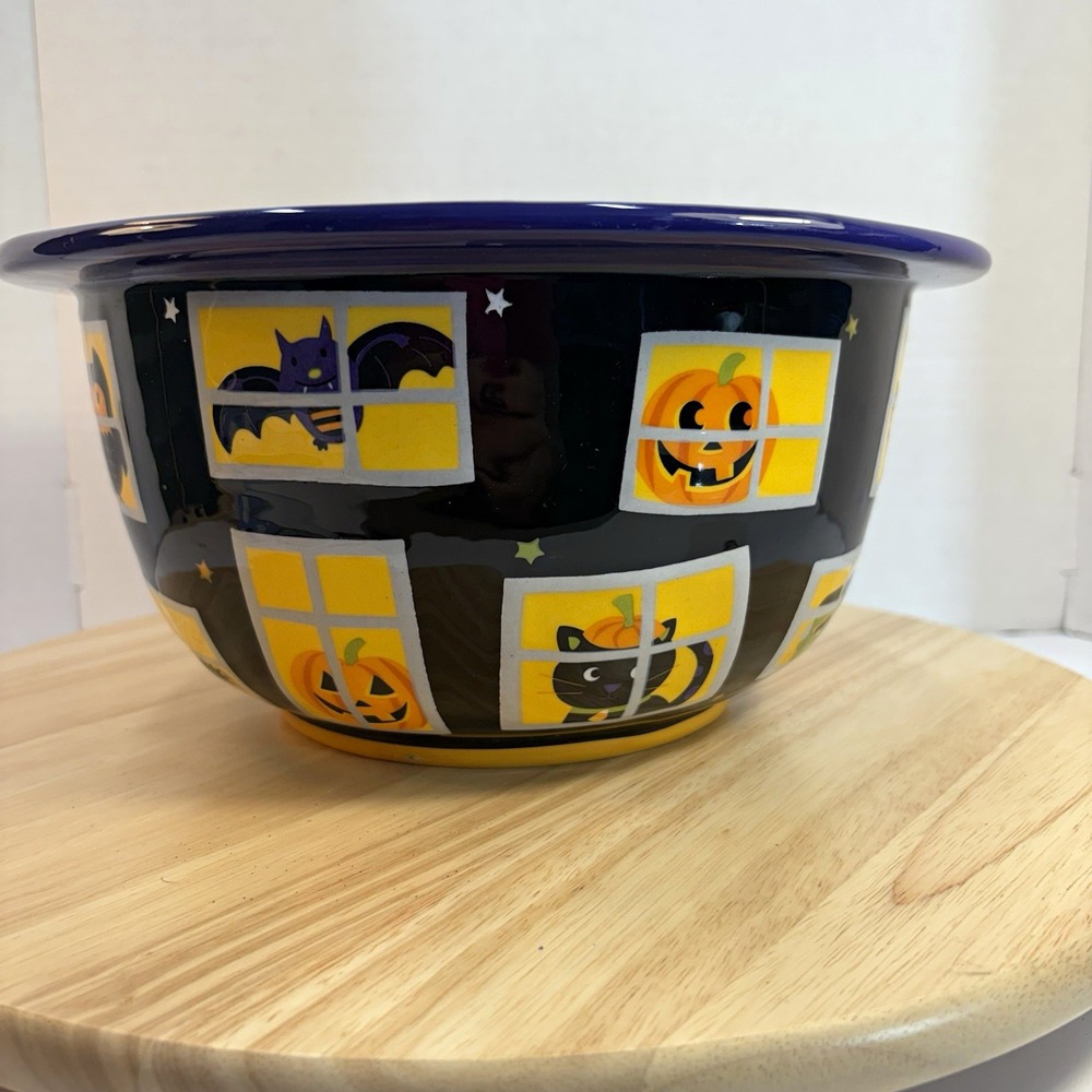 Halloween Ceramic Candy Bowl 10.5in Black Glossy Ghost Pumpkin Bat Owl Kohl's